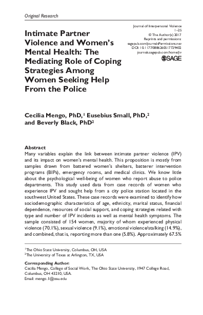 (PDF) Intimate Partner Violence and Women’s Mental Health: The ...