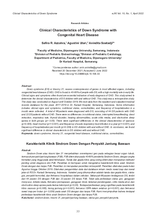 (PDF) Clinical Characteristics of Down Syndrome with Congenital Heart ...