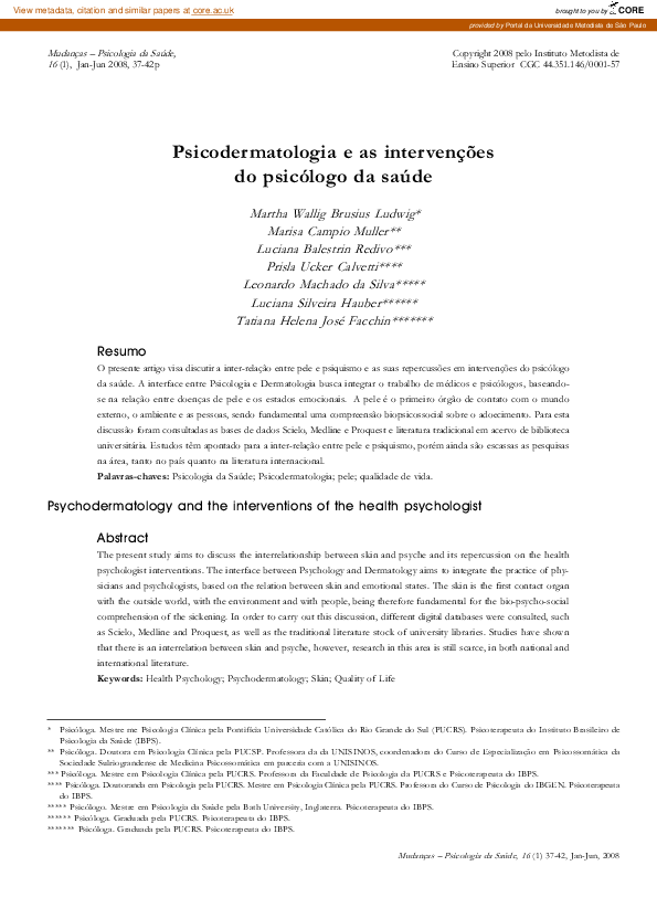 (PDF) Psicodermatologia e as Intervenções do Psicólogo da Saúde