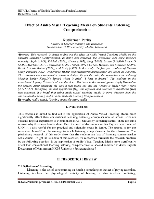(PDF) Effect of Audio Visual Teaching Media on Students Listening Comprehension Rudiarman