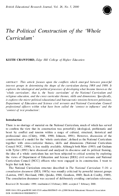 (PDF) The Political Construction of the 'Whole Curriculum