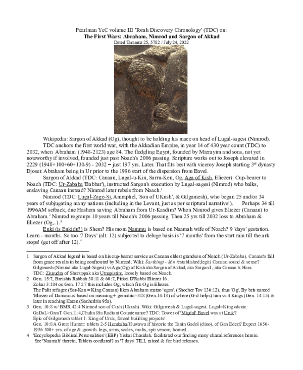 Pearlman YeC volume III 'Torah Discovery Chronology' (TDC) excerpt: 
'The First Wars: Abraham, Nimrod and Sargon of Akkad'