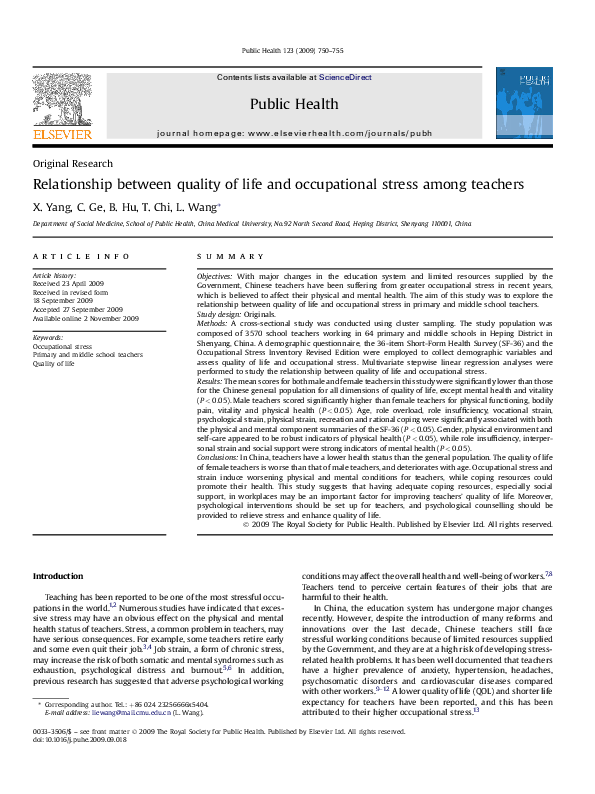 (PDF) Relationship between quality of life and occupational stress ...