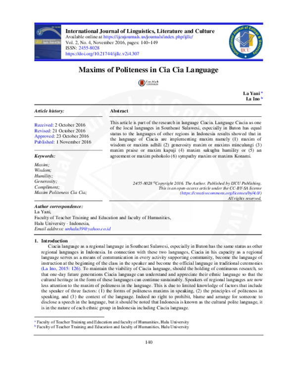 (PDF) Maxims of Politeness in Cia Cia Language