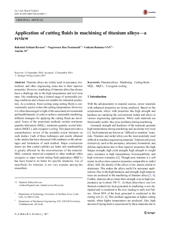 (PDF) Application of cutting fluids in machining of titanium alloys—a ...