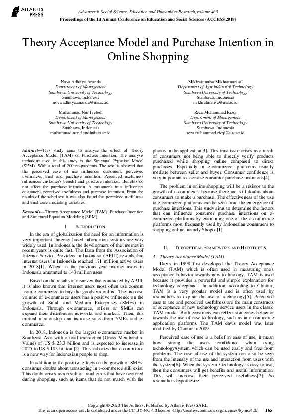(PDF) Theory Acceptance Model and Purchase Intention in Online Shopping