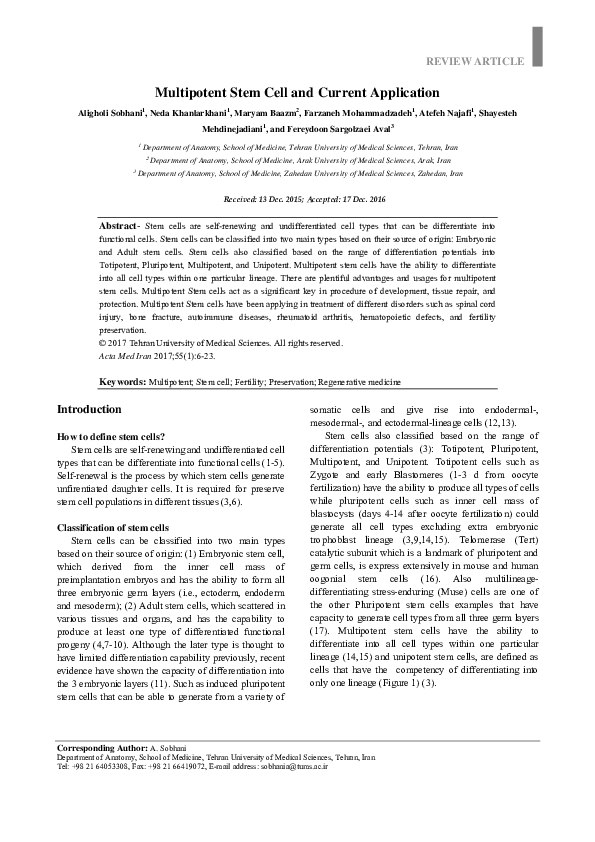(PDF) Multipotent Stem Cell and Current Application Farzaneh