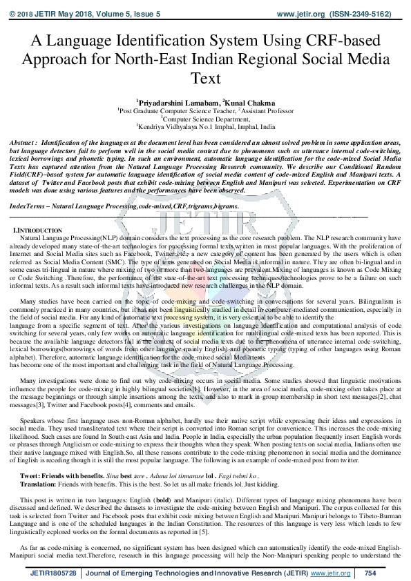 (PDF) A Language Identification System Using CRF-based Approach for ...