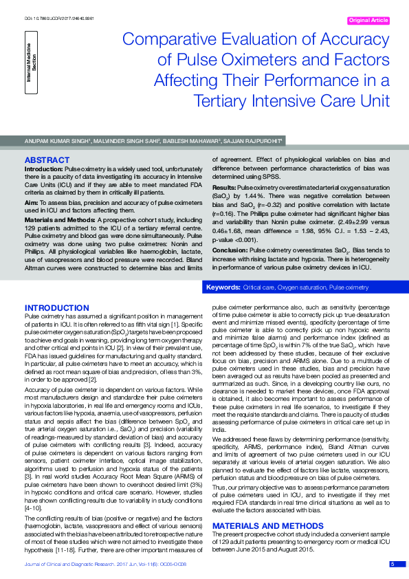 (PDF) Comparative Evaluation of Accuracy of Pulse Oximeters and Factors ...