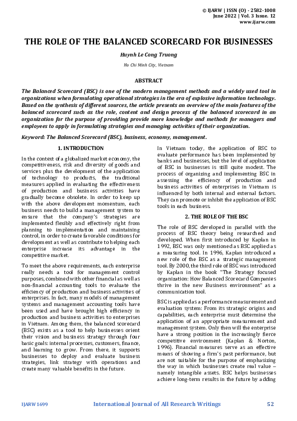 (PDF) THE ROLE OF THE BALANCED SCORECARD FOR BUSINESSES