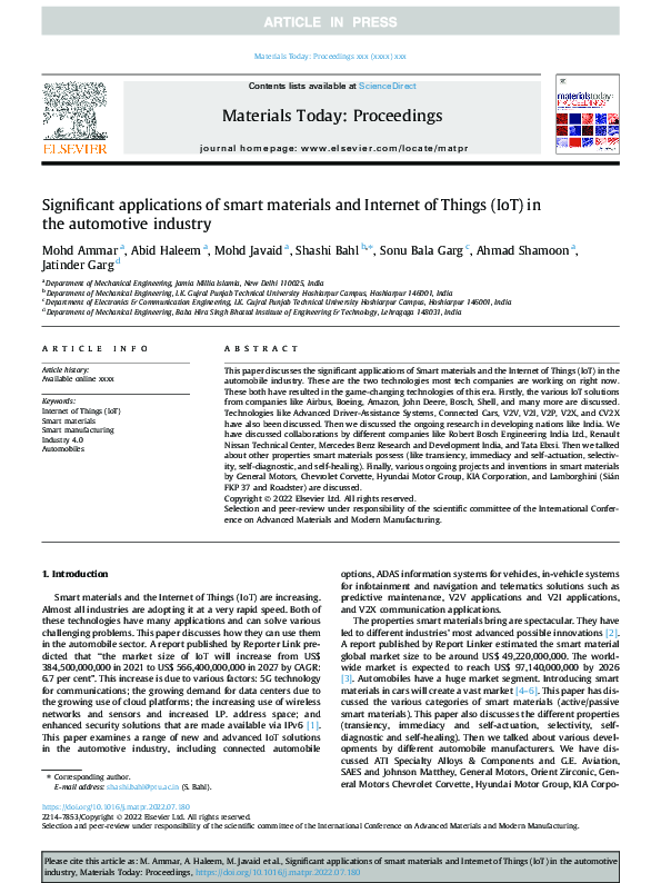 (PDF) Significant applications of smart materials and Internet of ...