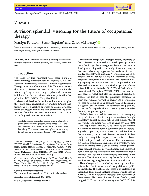 (PDF) A vision splendid; visioning for the future of occupational therapy