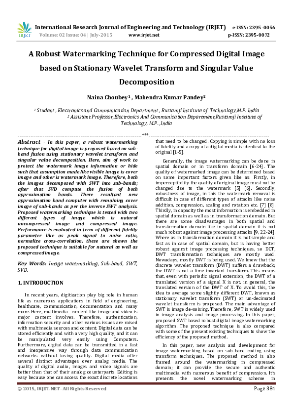 (PDF) A Robust Watermarking Technique for Compressed Digital Image ...