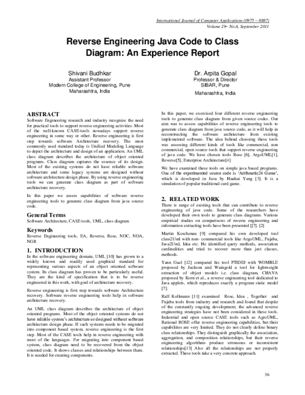 (PDF) Reverse Engineering Java Code to Class Diagram: An Experience Report
