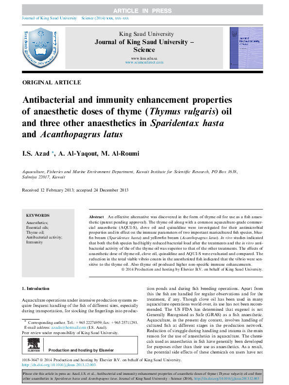 (PDF) Antibacterial and immunity enhancement properties of anaesthetic ...