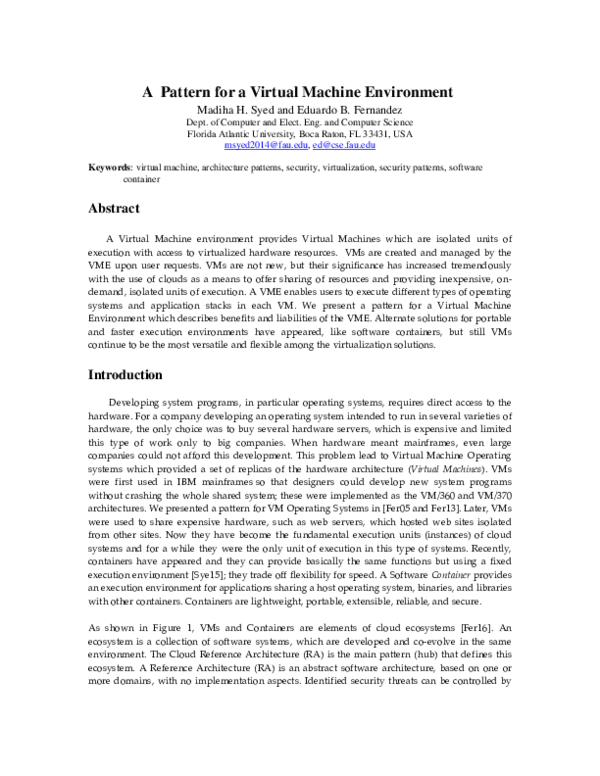 (PDF) A Pattern for a Virtual Machine Environment