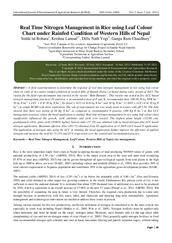 (PDF) Real Time Nitrogen Management in Rice using Leaf Colour Chart ...