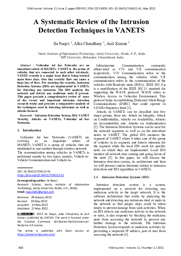 (PDF) A Systematic Review of the Intrusion Detection Techniques in VANETS