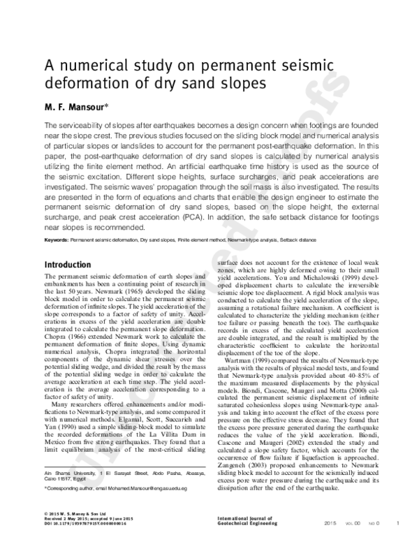 (PDF) A numerical study on permanent seismic deformation of dry sand slopes
