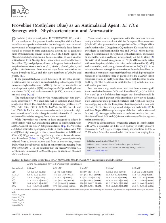 (PDF) Proveblue (Methylene Blue) as an Antimalarial Agent: In Vitro ...