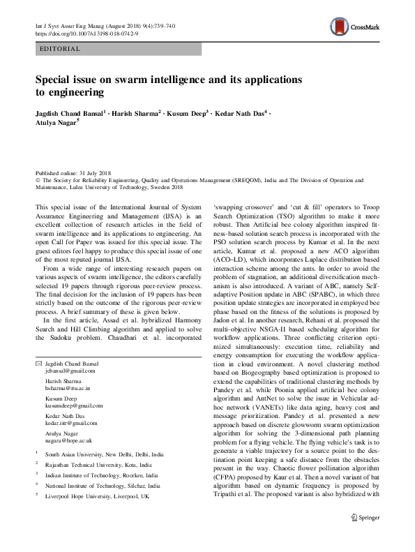 (PDF) Special issue on swarm intelligence and its applications to ...