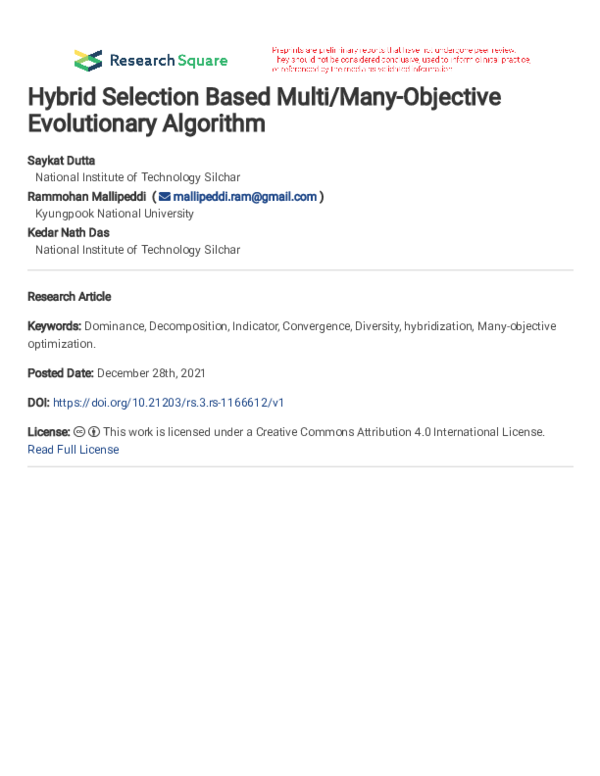 (PDF) Hybrid Selection Based Multi/Many-Objective Evolutionary Algorithm