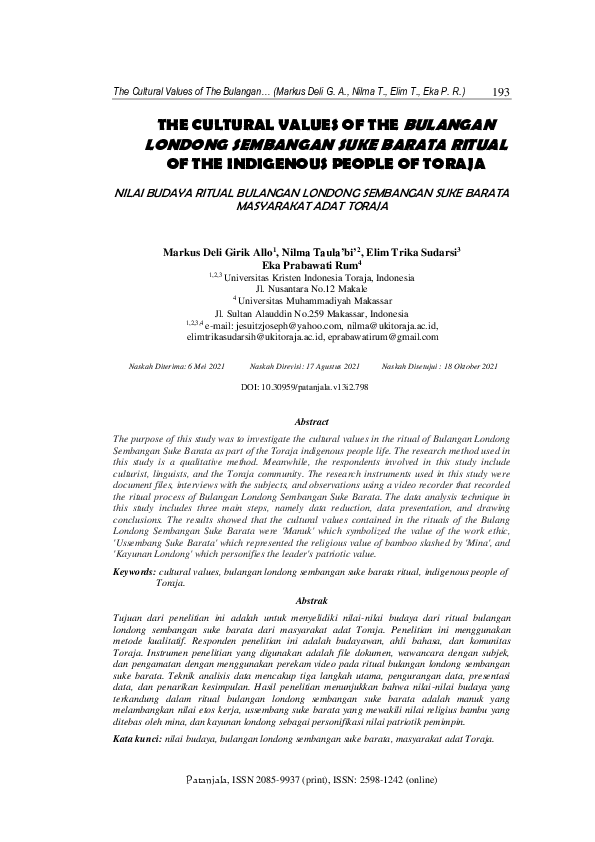 (PDF) The Cultural Values of the Bulangan Londong Sembangan Suke Barata ...