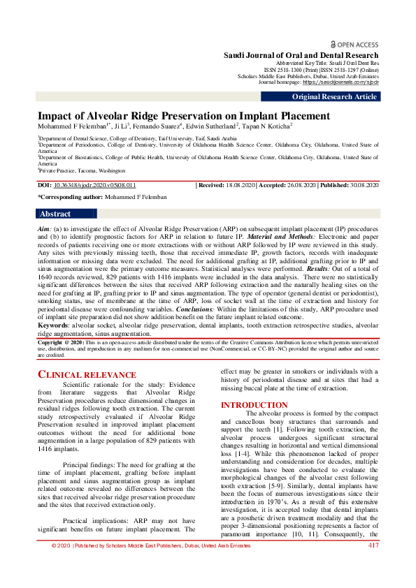 (PDF) Impact of Alveolar Ridge Preservation on Implant Placement