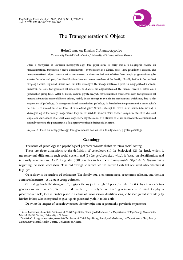(PDF) The Transgenerational Object | Dimitris Anagnostopoulos ...