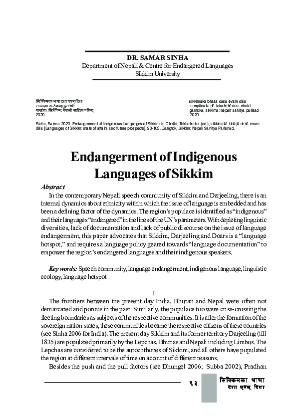 (PDF) Endangerment of Indigenous Languages of Sikkim