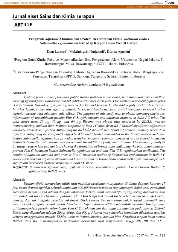 (PDF) Pengaruh Adjuvant Alumina dan Protein Rekombinan Fim-C Inclusion ...