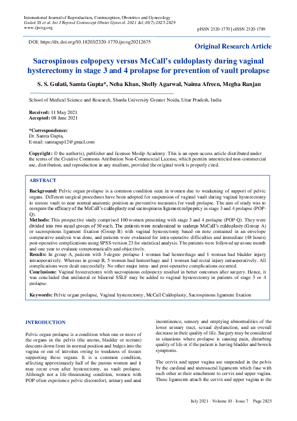 (PDF) Sacrospinous colpopexy versus McCall’s culdoplasty during vaginal ...