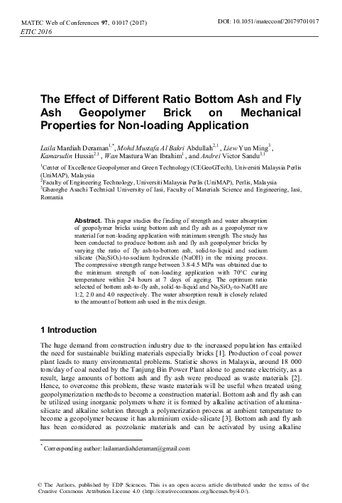 (PDF) The Effect of Different Ratio Bottom Ash and Fly Ash Geopolymer ...