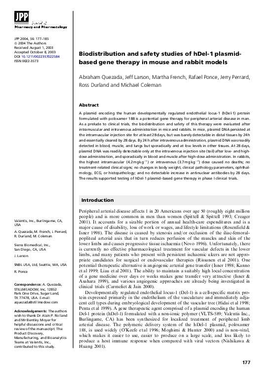 (PDF) Biodistribution and safety studies of hDel-1 plasmid-based gene ...