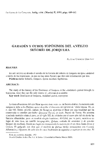 (PDF) Garadén y otros topónimos del antiguo señorío de Jorquera