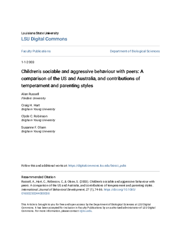 (PDF) Children\u27s sociable and aggressive behaviour with peers: A ...