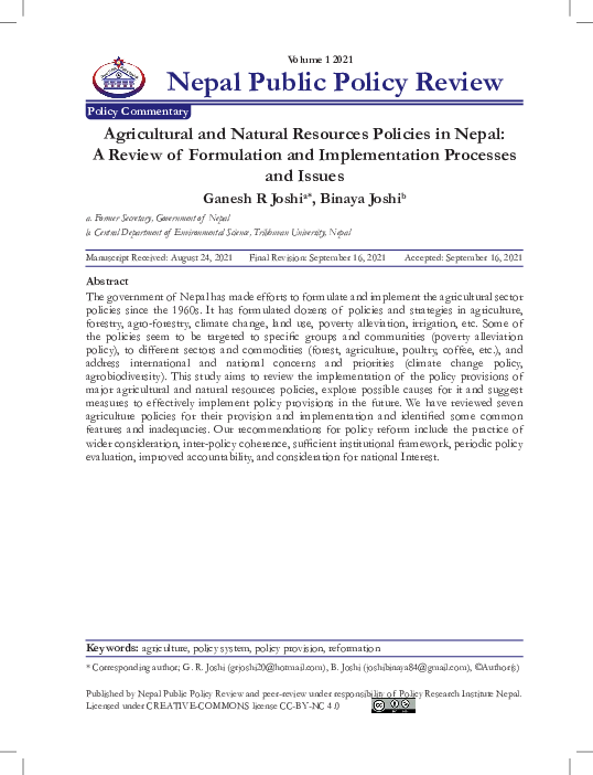 (PDF) Agricultural and Natural Resources Policies in Nepal: A Review of ...