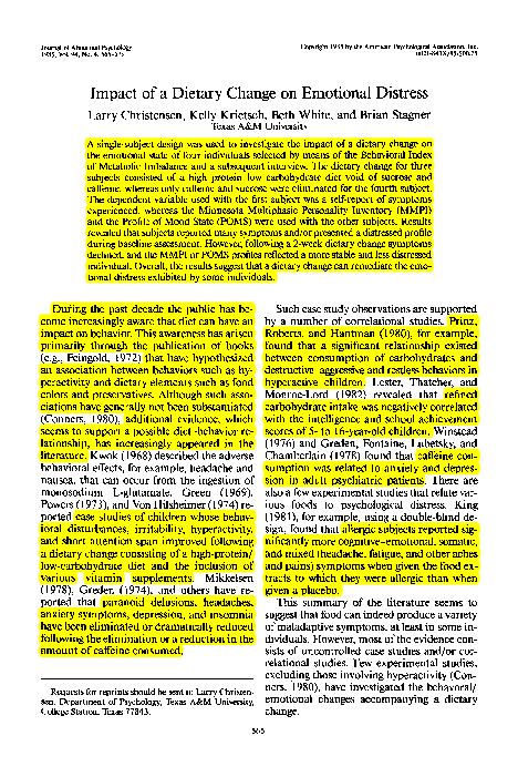 (PDF) Impact of a dietary change on emotional distress