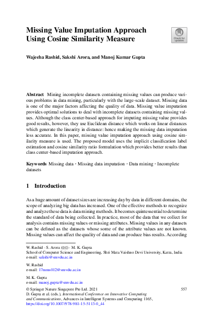 (PDF) Missing Value Imputation Approach Using Cosine Similarity Measure
