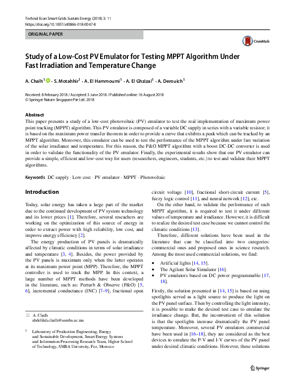 (PDF) Study of a Low-Cost PV Emulator for Testing MPPT Algorithm Under ...