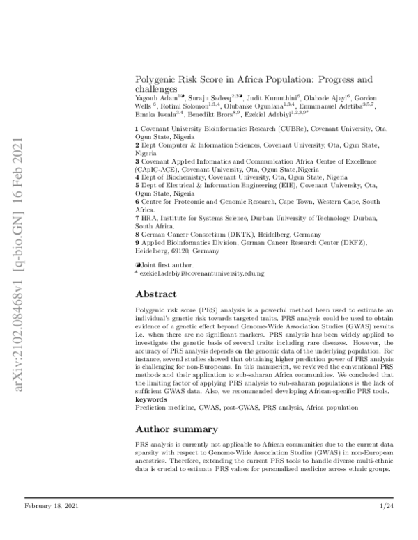 (PDF) Polygenic Risk Score in Africa Population: Progress and challenges