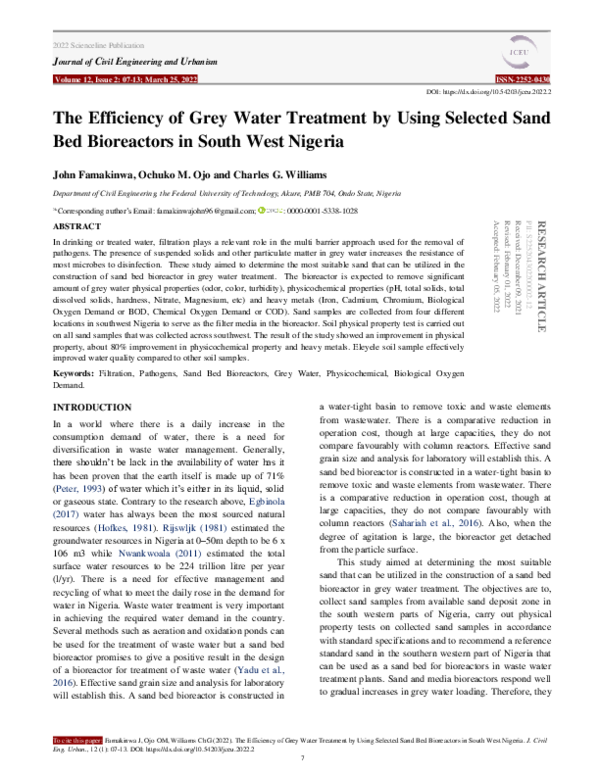 (PDF) The Efficiency of Grey Water Treatment by Using Selected Sand Bed