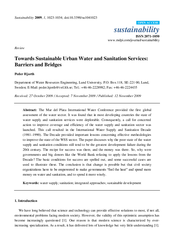 (PDF) Towards Sustainable Urban Water and Sanitation Services: Barriers ...