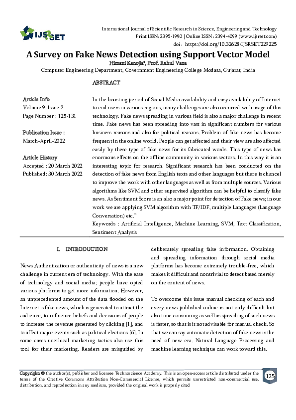(PDF) A Survey on Fake News Detection using Support Vector Model