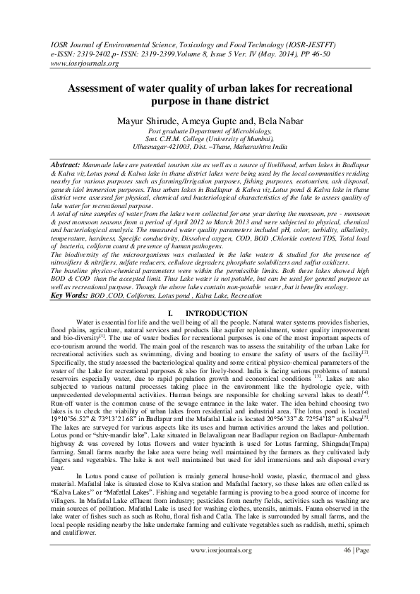 (PDF) Assessment of water quality of urban lakes for recreational ...