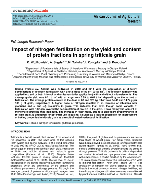 (PDF) Impact of nitrogen fertilization on the yield and content of ...