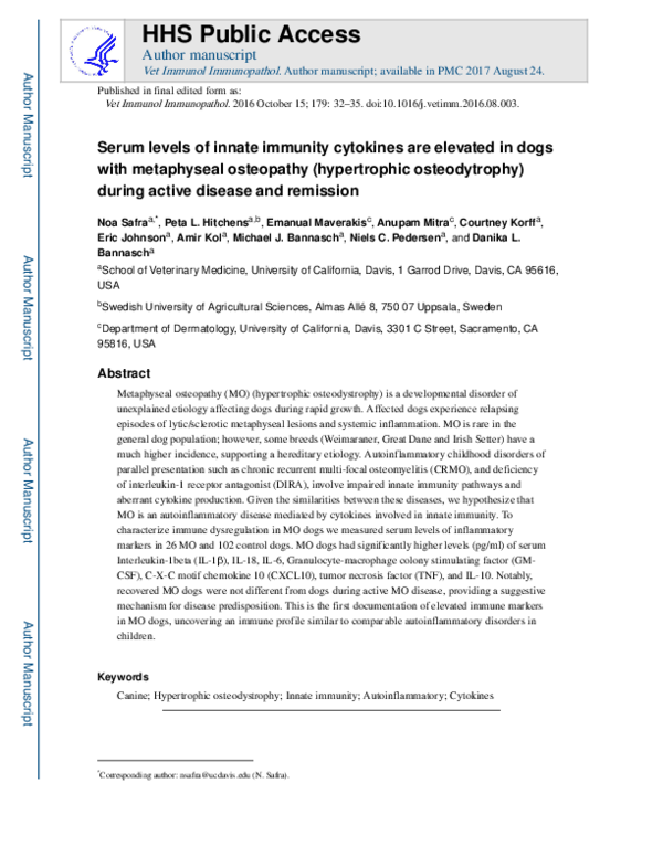 (PDF) Serum levels of innate immunity cytokines are elevated in dogs ...