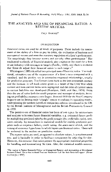 (PDF) The Analysis and Use of Financial Ratios: A Review Article