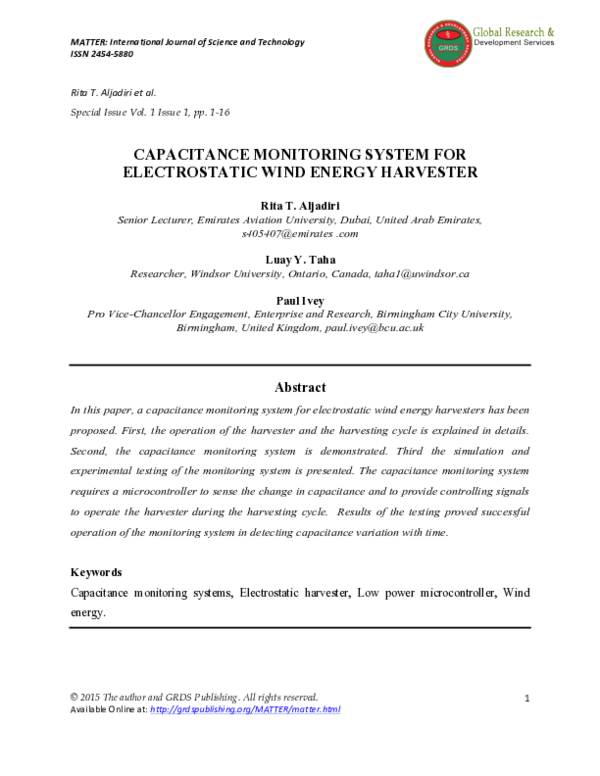 (PDF) Capacitance Monitoring System for Electrostatic Wind Energy Harvester Luay Taha