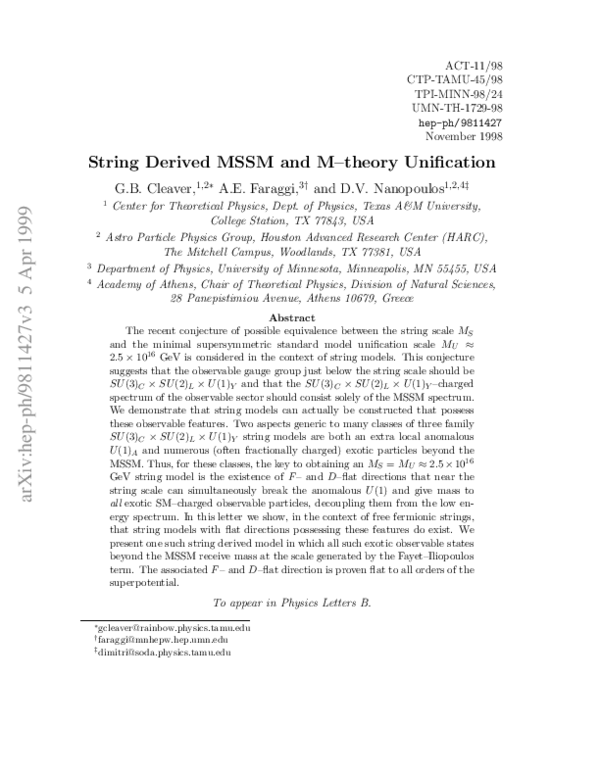 (PDF) String derived MSSM and M-theory unification | Alon Faraggi ...